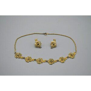 Poppy Earrings & Necklace Matching Set Silver Utika Marking Gold Tone Filigree